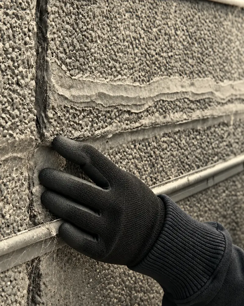 A gloved hand checking a joint on a concrete facade during an inspection